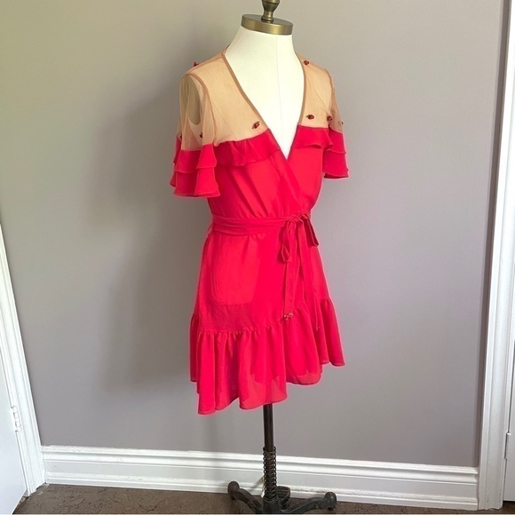 For Love & Lemons Red Mesh Shoulders Rosettes Wrap Mini Dress - XS/S, HTF style - Picture 13 of 14